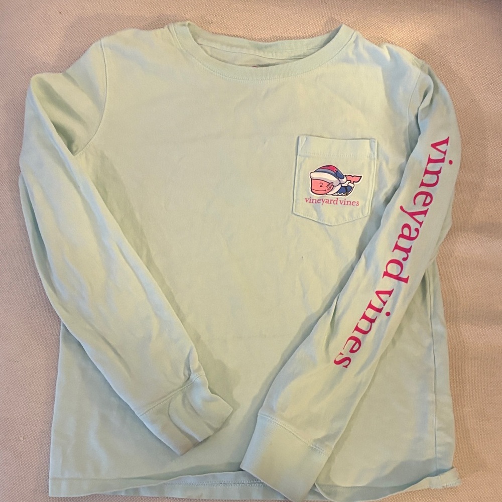 Vineyard Vines Mint Long-Sleeve Pocket Tee with Pink Sleeve Logo